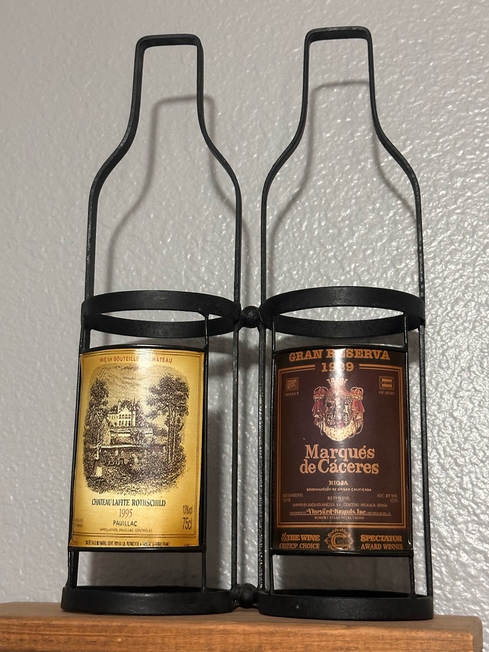 Decorative Double Wine Bottle Holder with Vintage-Style Labels - Black